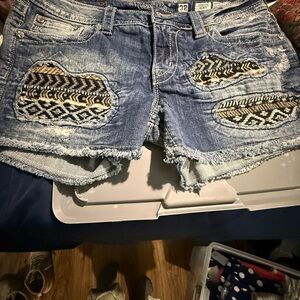 Miss Me Blue Jean Shorts with Tribal Patchwork